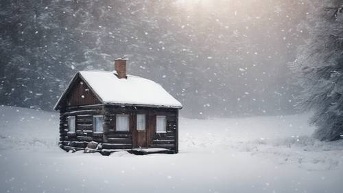 孤独な小屋と静かな冬の風景の壁紙 - 雪が降る中、穏やかな言葉が心を癒す