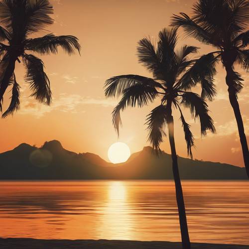 Eine orangefarbene Sonne geht hinter der Silhouette von Palmen an einem ruhigen Strand unter.