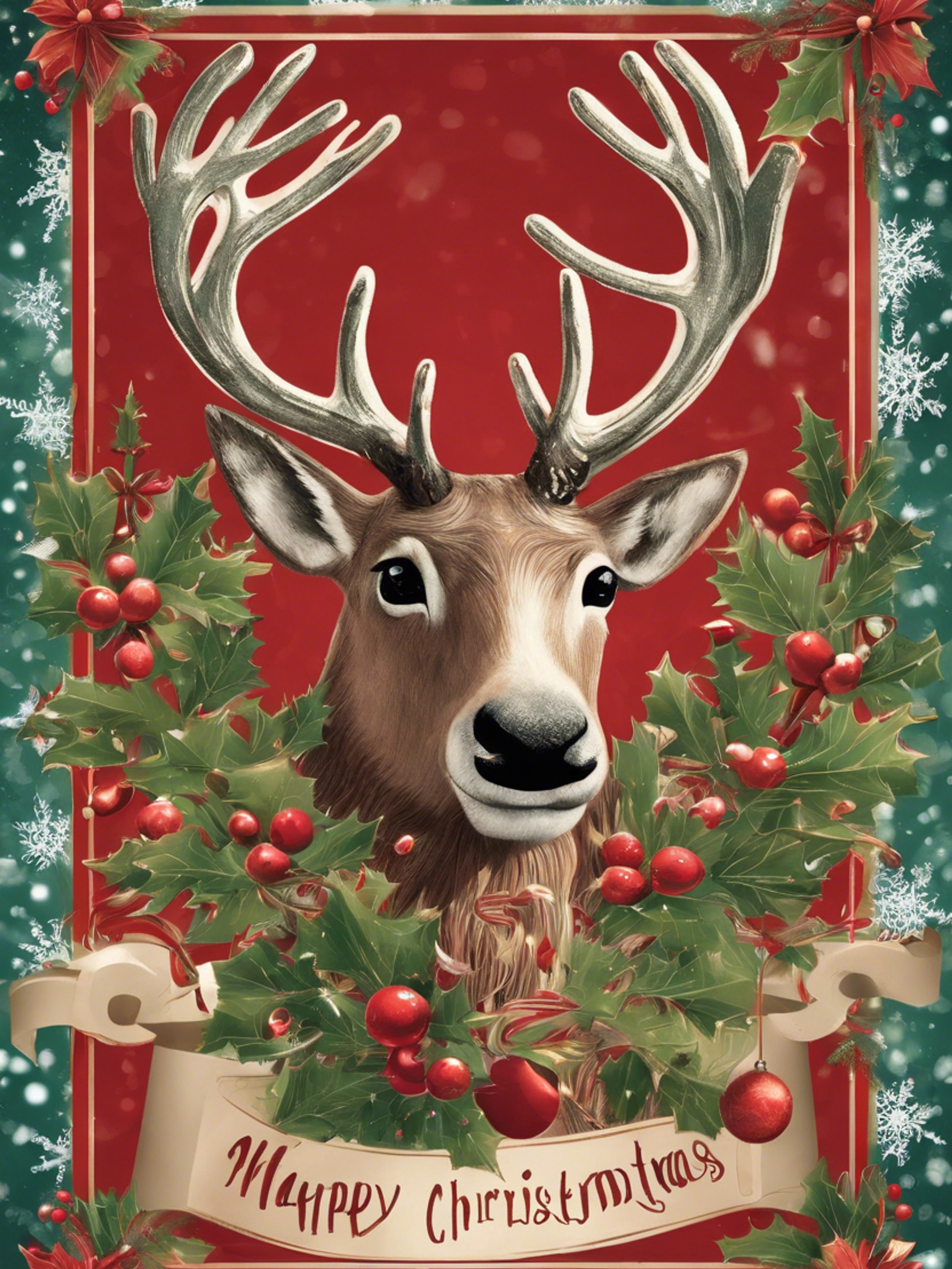 A retro Christmas card design featuring stylized reindeer, ornaments, snowflakes, and mistletoe, all tied together with a festive holiday greeting.壁紙[765bb40fb9ba4973b73d]