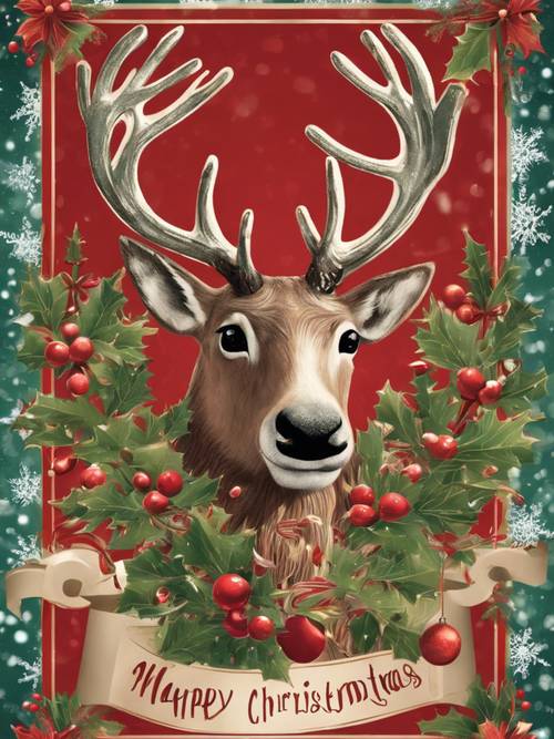 Desain kartu Natal retro yang menampilkan rusa kutub, ornamen, kepingan salju, dan mistletoe bergaya, semuanya diikat menjadi satu dengan ucapan liburan yang meriah.