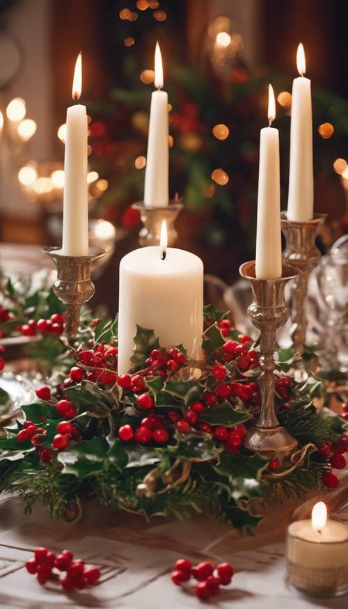 古董聖誕晚餐中心裝飾品，配有冬青樹枝、紅色漿果和象牙蠟燭。