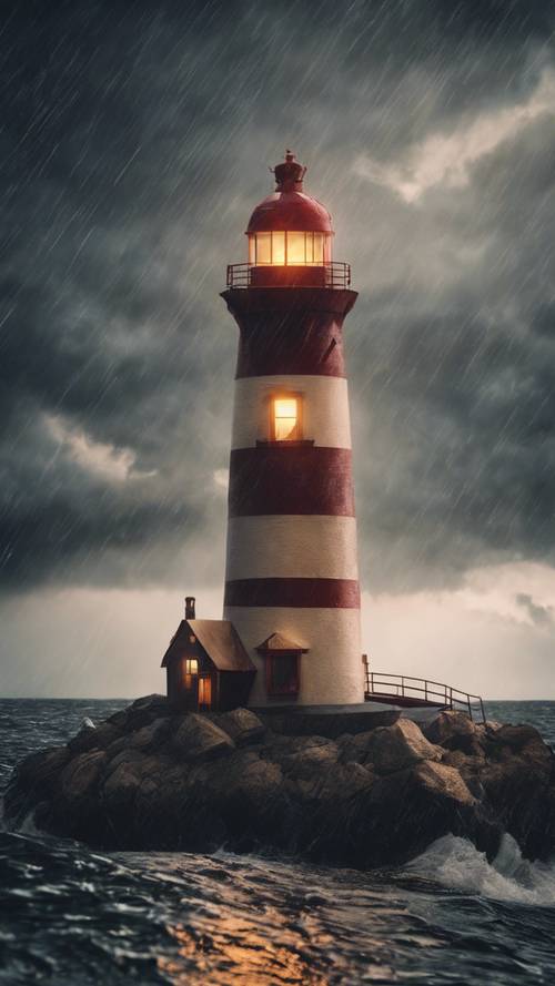 A pizza-shaped lighthouse guiding ships through a stormy night.