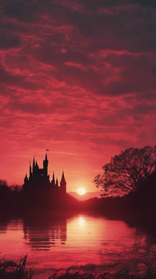 Uma vista deslumbrante de um céu exuberante e vermelho do pôr do sol com a silhueta de um castelo negro aparecendo à distância.