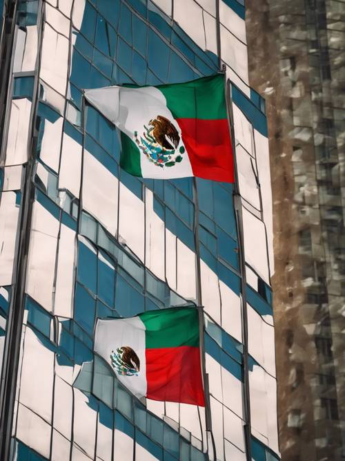 The reflection of the Mexican flag on a skyscraper's glass windows in Mexico City.