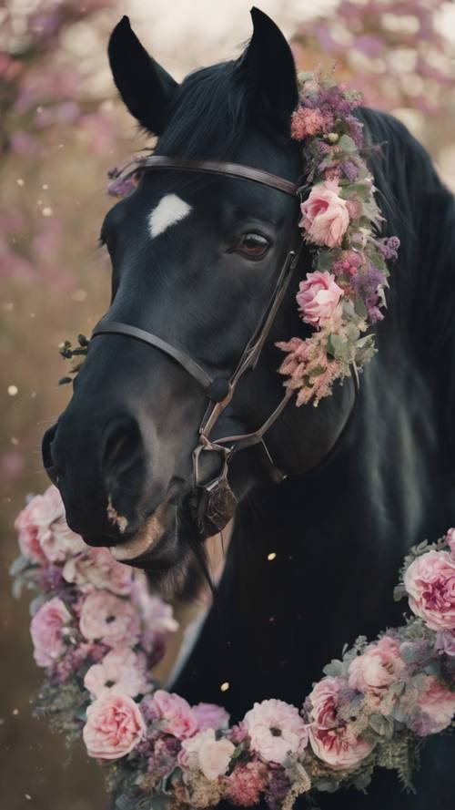 Seekor kuda jantan hitam eboni dengan karangan bunga berwarna gelap di lehernya.