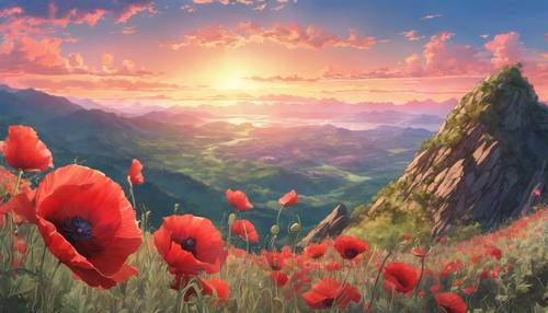 הצגת אנימה מציאותית של פרח פרג אדום תוסס עומד לבדו על פסגת הר, בזריחה בצבעי פסטל.