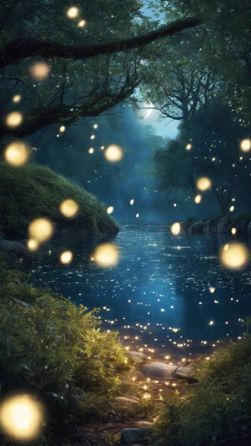 An enchanted forest lit up by midnight blue fireflies, with a river gleaming under the silver moon.
