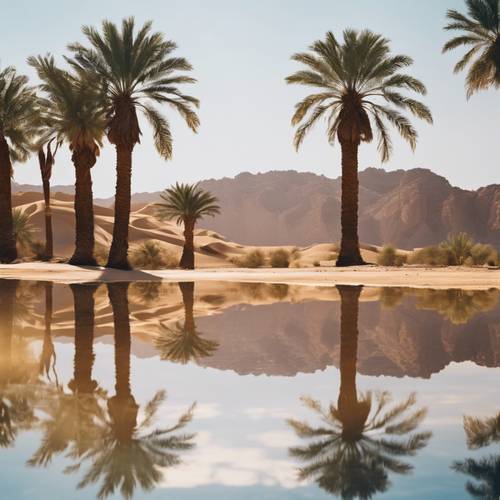 Uma miragem do deserto, com o reflexo de palmeiras perto de um bebedouro brilhando no calor escaldante.