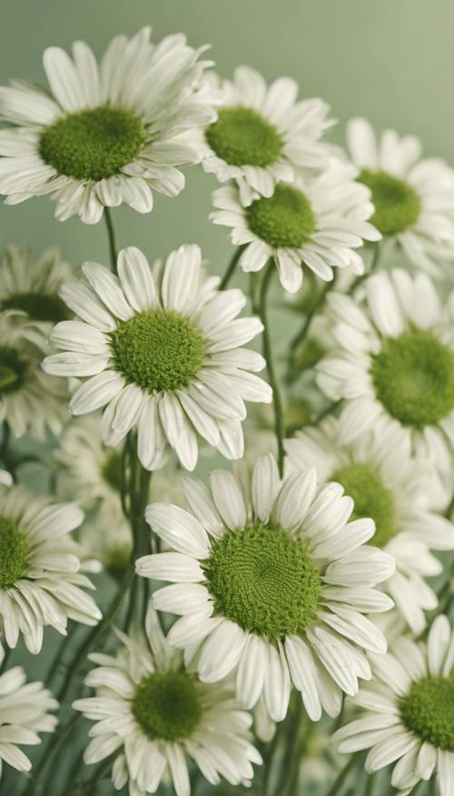 Muted moss green daisy flowers creating a dreamy pattern on ivory base.