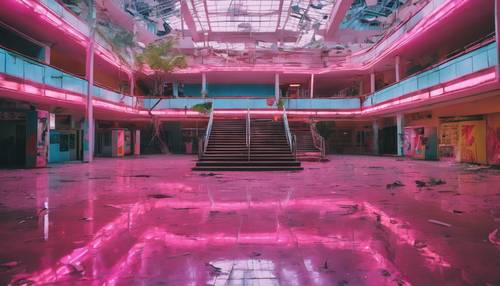 Un centre commercial abandonné baigné de couleurs néon vaporwave.