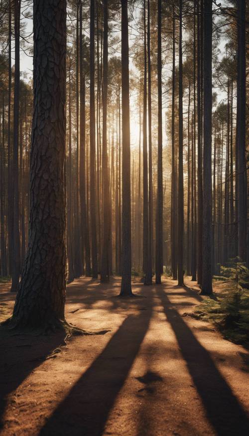 松林の中を歩く散策路、夕日が地面に長い影を投げかける光景
