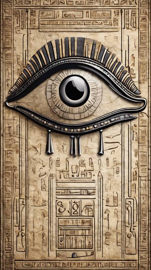 رسم تفصيلي لرمز عين مصري قديم مزخرف بالهيروغليفية.