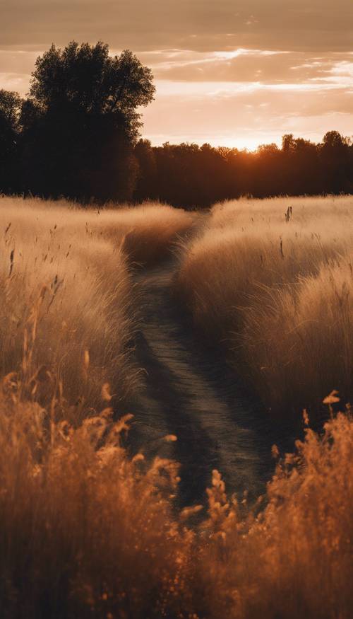 Un paisaje rústico al atardecer, con campos de hierba alta que brillan de color naranja a la luz y un camino único y solitario que lo atraviesa en una franja negra perfecta.