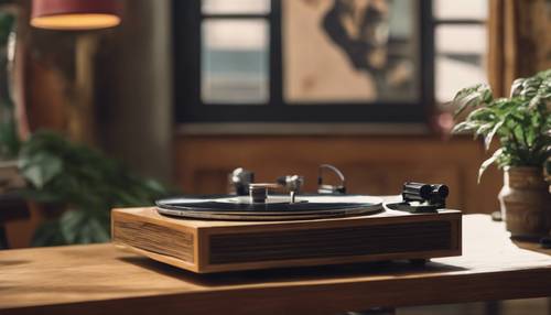 A vintage record player on an oak table. Vinyl records are scattered around, a hanging indoor plant is partly casting soft shadows on the set up. The background is a mural of iconic jazz musicians.