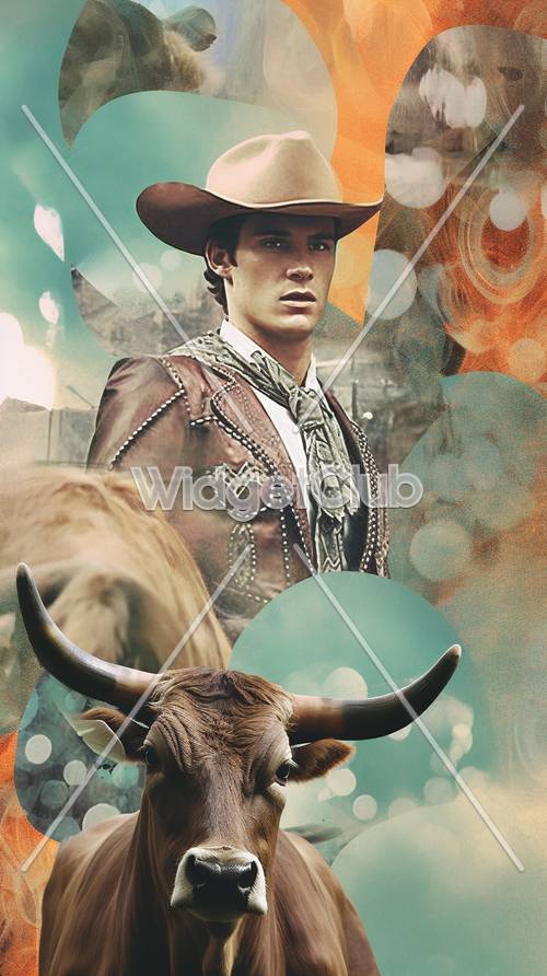 Colorida escena de vaquero y toro.