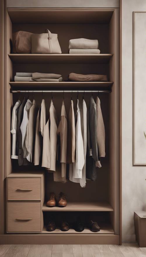 A muted brown minimalist wardrobe with clean lines and optimized space. Behang [63ae3d1a1e6344369d05]