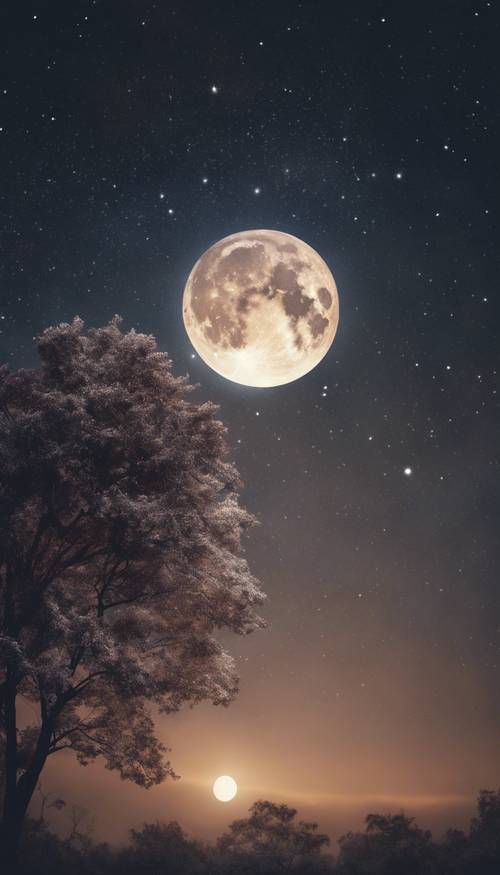 Langit malam yang mempesona dipenuhi bintang-bintang yang berkelap-kelip dan bulan besar yang bercahaya.