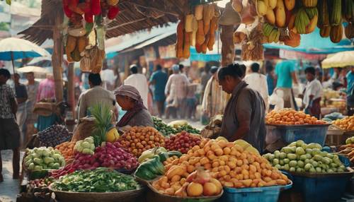 Pemandangan pasar yang ramai di kota tropis dengan kios warna-warni yang menjual buah-buahan, sayuran, dan kerajinan tangan lokal.