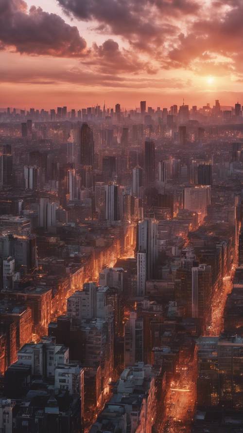 A panoramic view of a cityscape silhouetted against a dazzling sunset.