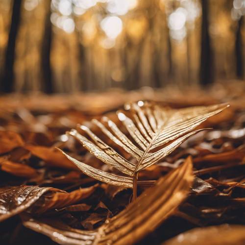 A fallen palm leaf, turned golden brown, on a forest floor during autumn.