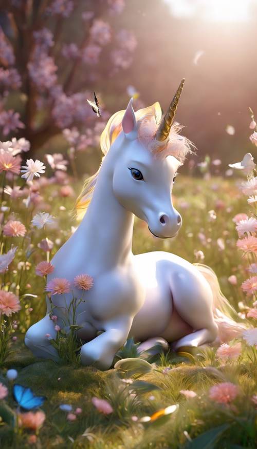 Seekor bayi unicorn 3D sedang beristirahat di padang rumput yang disinari matahari, kupu-kupu beterbangan di dekatnya.