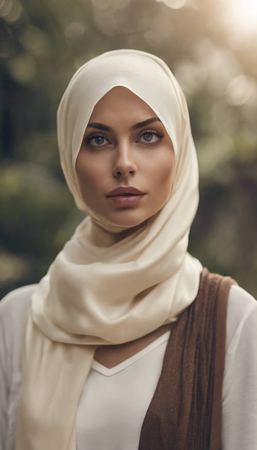 A cream silk headscarf styled on woman with dark hair.