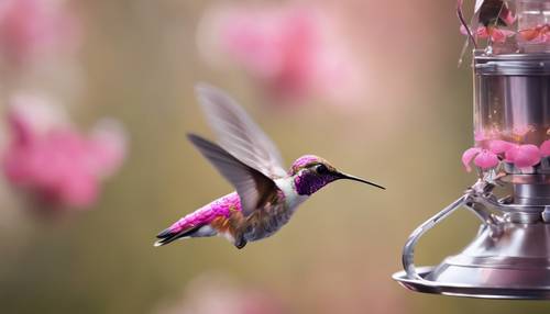 Un piccolo colibrì rosa che si libra vicino a un alimentatore d&#39;argento lucido.