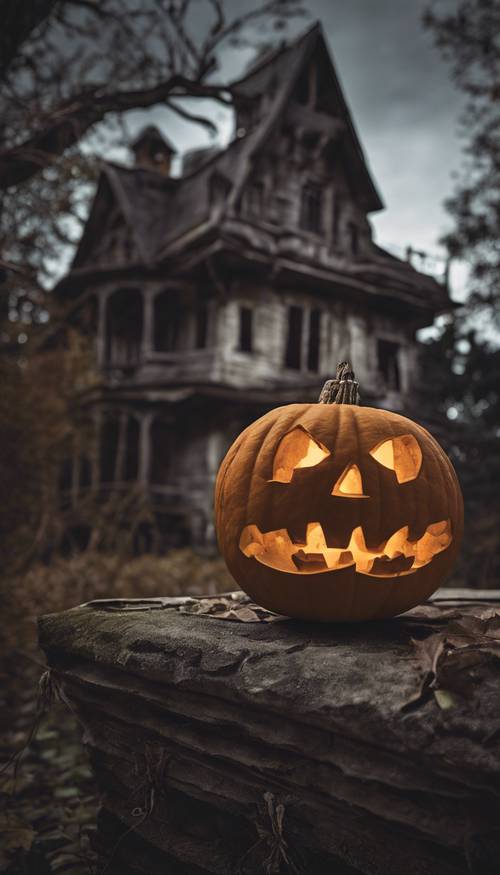 An eccentrically carved jack-o-lantern against the backdrop of a mysterious, old haunted house. Tapeta [8cf250c081a5445480e7]