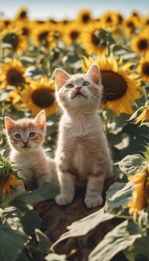 A warm summer landscape with cuddly kittens playing merrily among fields of sunflowers under a clear blue sky.