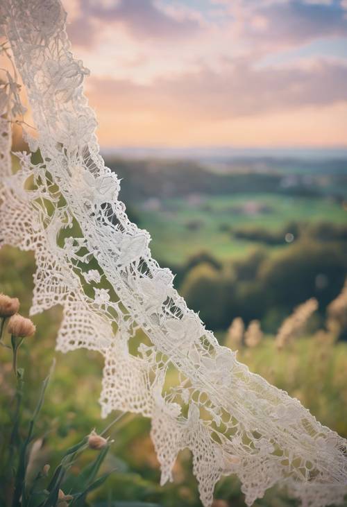A detailed pastel lace depicting a serene countryside landscape. Tapet [1262847e197c4ea48215]