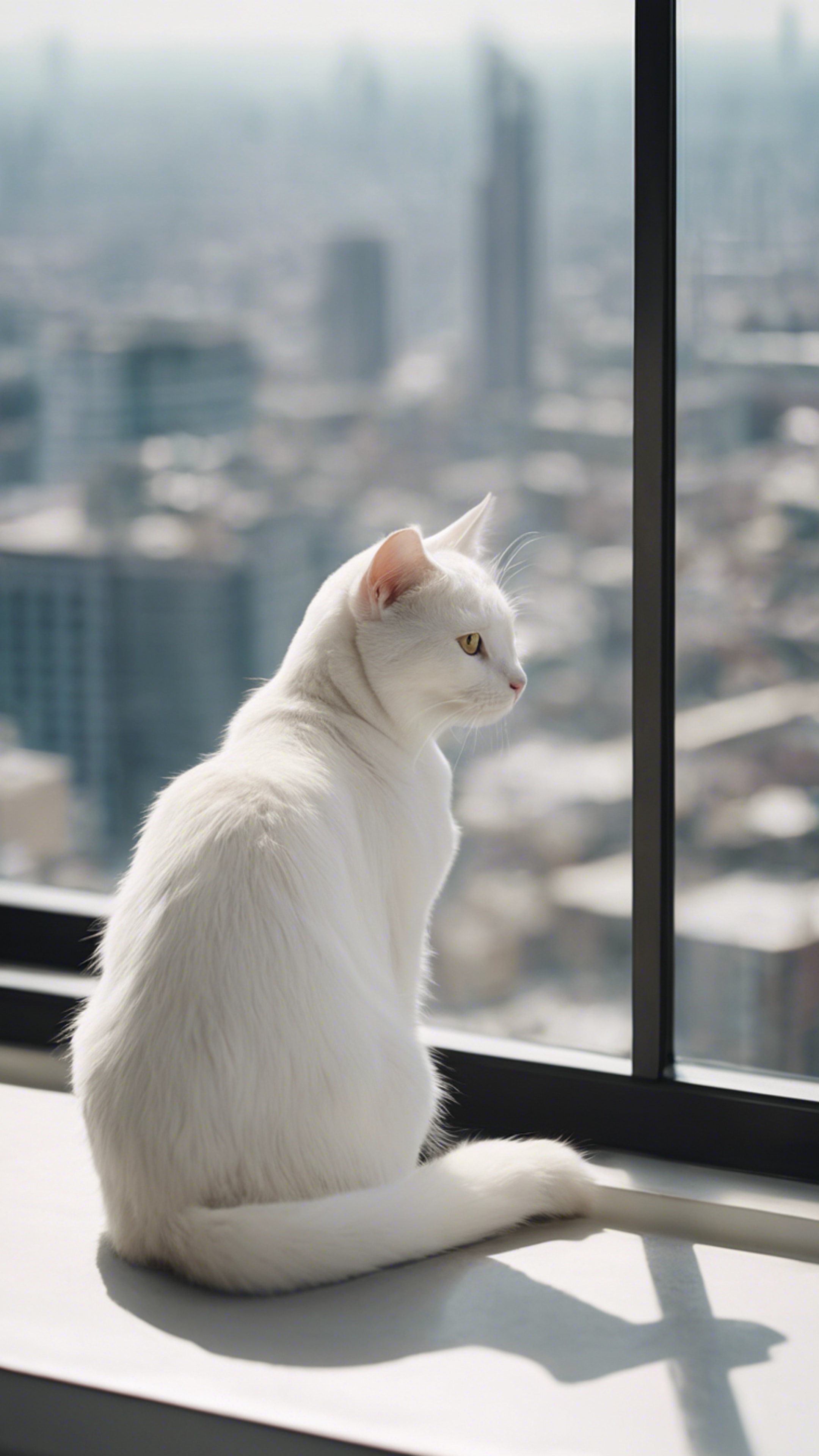 A white cat lying peacefully on a windowsill, admiring a city view from a skyscraper. Tapeta[751c381e97644d32a2eb]