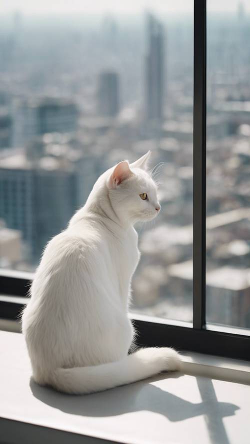 A white cat lying peacefully on a windowsill, admiring a city view from a skyscraper.