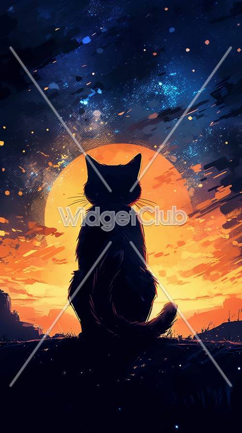 Noche estrellada y la silueta de un gato