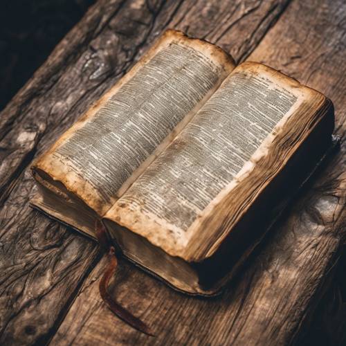 Một chi tiết cận cảnh, mộc mạc của cuốn Kinh thánh bìa da đã sờn, mở ra một câu thơ nổi bật, nằm trên một chiếc bàn gỗ cũ.