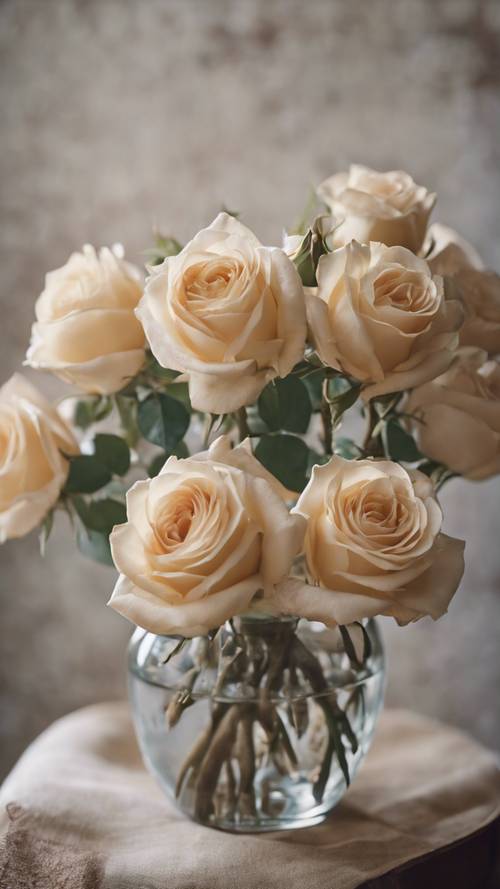 Un délicat bouquet de roses beiges dans un vase ancien.