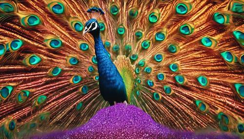 Postmodern interpretation of a peacock, showcasing its feather iridescence amidst a psychedelic background. Tapet [10ad7e0a4ca646569300]
