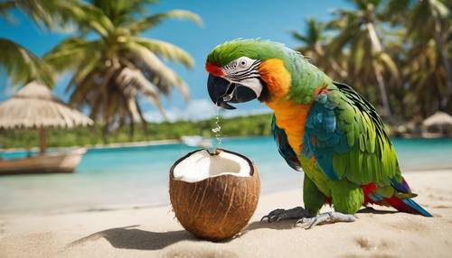 Güneşli bir kumsalda güçlü gagasıyla bir hindistan cevizini açmaya çalışan tropikal bir papağanın komik görüntüsü.
