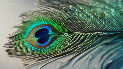 A detailed close-up of a peacock feather rendered in shades of green and blue, inscribing a quote about beauty.