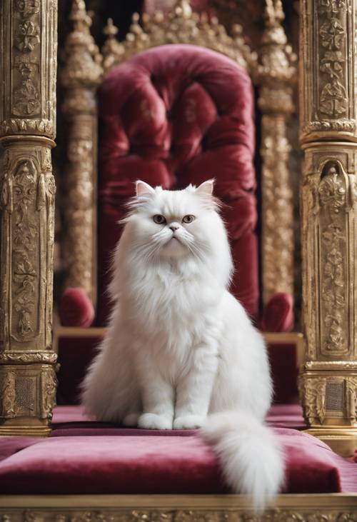 חתול פרסי לבן ומכובד, יושב בצורה מלכותית על כס מלכות קטיפה בעיצומה של טירה מפוארת מימי הביניים. טפט [b9cebd1fb1694e889efa]