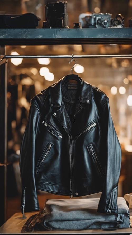 Eine schwarze Lederjacke auf einem Kleiderbügel in einem schwach beleuchteten Vintage-Laden.