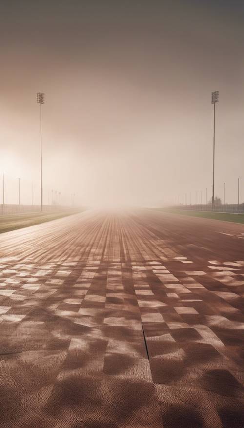 A wide-angle view of a brown checkered race track empty in the early morning mist