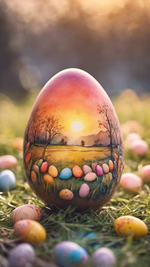 A watercolor-style sunset casting a warm glow on an Easter egg hunt.