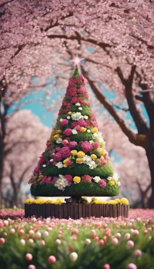 Un jardín de flores florecientes dispuesto en forma de árbol de Navidad durante un festival de primavera.