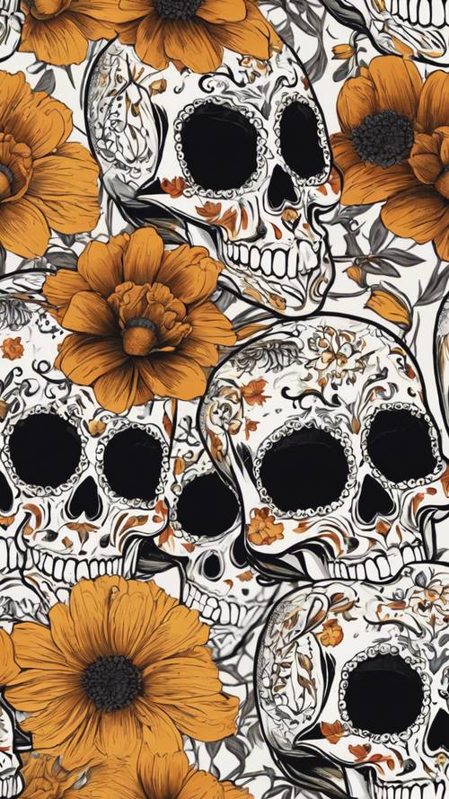 Meksika halk sanatı tarzında çarpıcı bir siyah kadife çiçeği içeren büyüleyici bir şeker kafatası motifi.