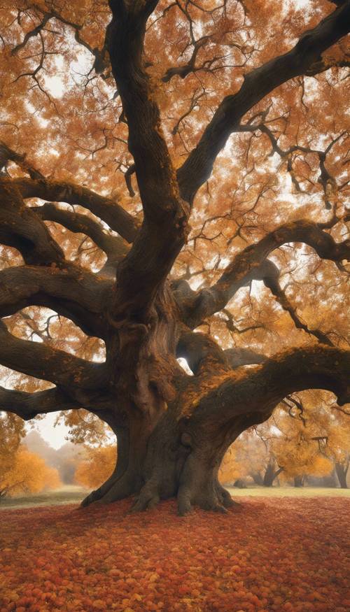A sprawling oak tree in autumn, its leaves a mix of oranges, reds, and yellows.