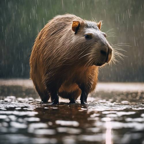 A capybara bathed in the harsh yet dramatic light of a stormy afternoon.