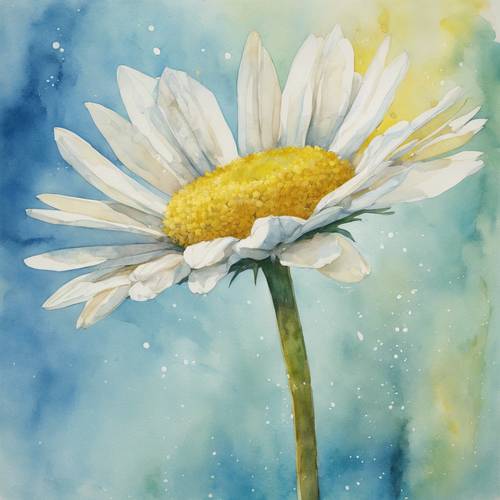 简单而优雅的水彩画，描绘了一朵黄色的雏菊和明亮的蓝色背景。