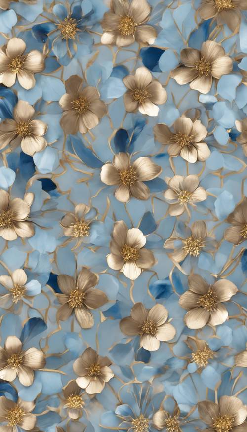 A dainty floral pattern featuring blue petals and gold detailing Tapet [314cf8019905444fb0b0]