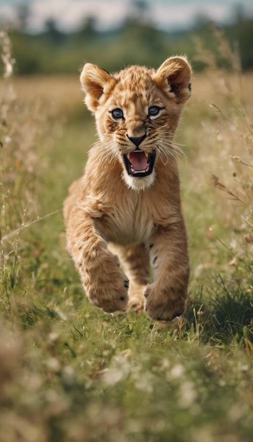 Red lion cub playfully chasing its tail in a sunny meadow