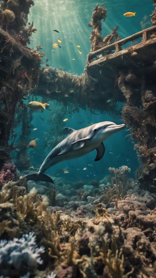 A lonely dolphin cruising the remains of a sunken pirate ship, covered in sea anemones and inhabited by a plethora of marine creatures.